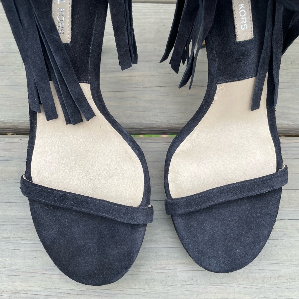 Michael Kors Daphne Black Fringe Platform Open Toe Stiletto Sandals Shoes 39.5 - Picture 5 of 16